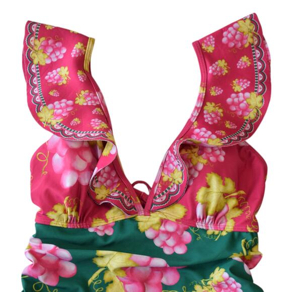 Pink and Green Raspberry Grapes Ruffle One Piece Swimsuit Size Medium - Picture 4 of 9